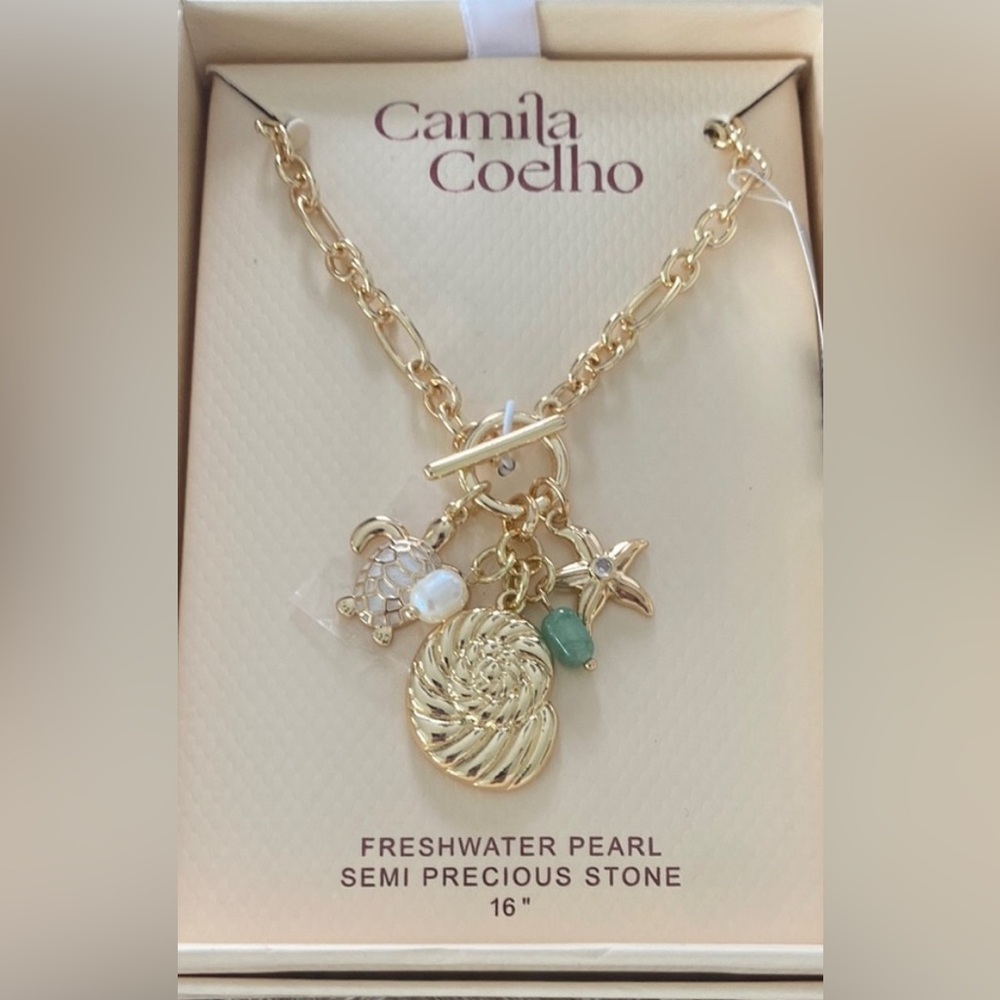 NWT ⚜️🐚⚜️ Camila Coelho Gold Pearl Coastal Beach Charm Necklace